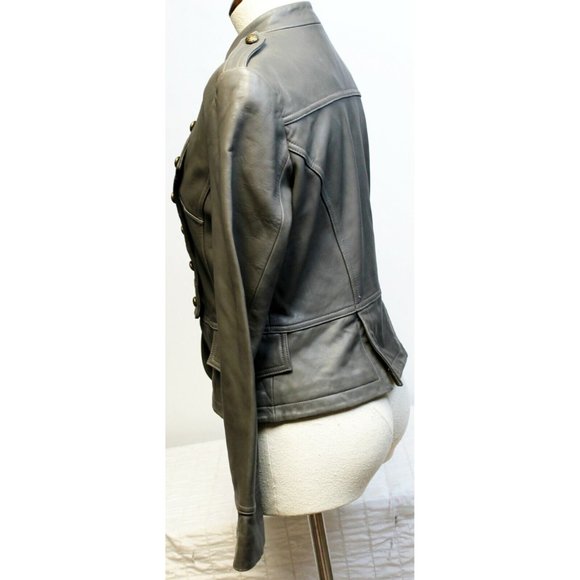 Michaela Fur Gray Leather Zip Band Jacket Military Style Buttons Women's Sz M - Picture 3 of 11
